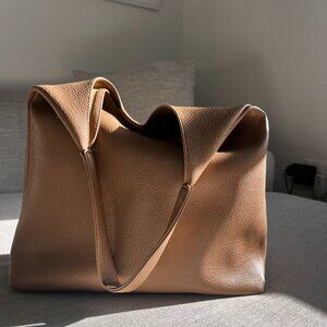 large tan faux leather tote bag
